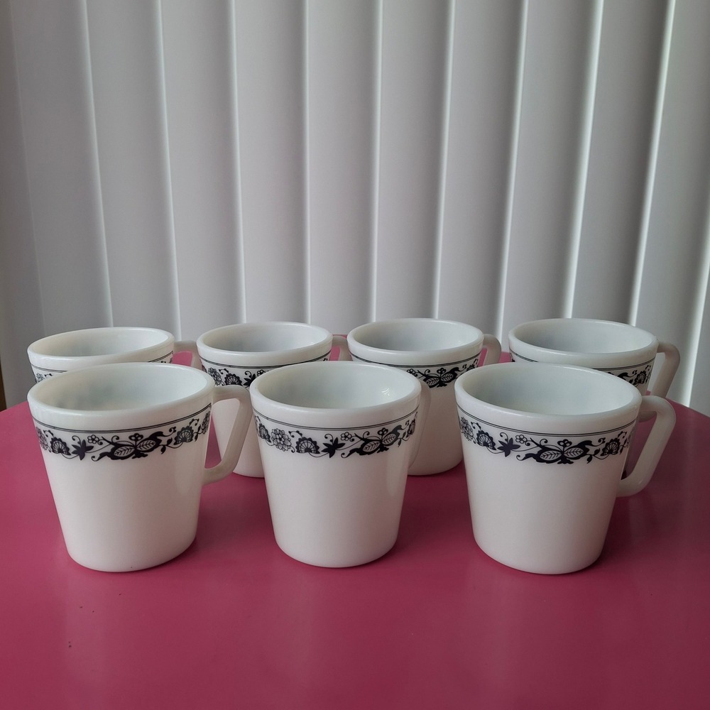 Vintage Pyrex Mugs White Old Town Blue Floral Milk Glass Set of 7 1410 USA